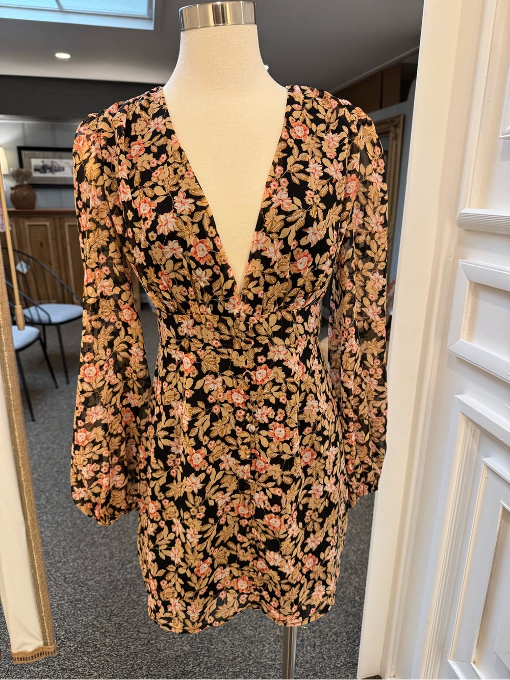 Nasty Gal Black Floral V-Neck Long Sleeve Mini Dress